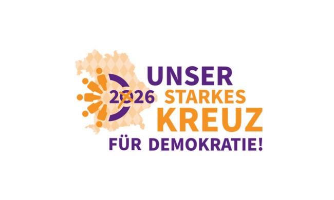 Eine Bayernkarte mit dem Spruch: Unser starkes Kreuz für Demokratie