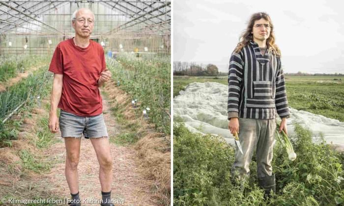 Links ein Gärtner im Gewächshaus, Rechts ein Gärtner im Freien