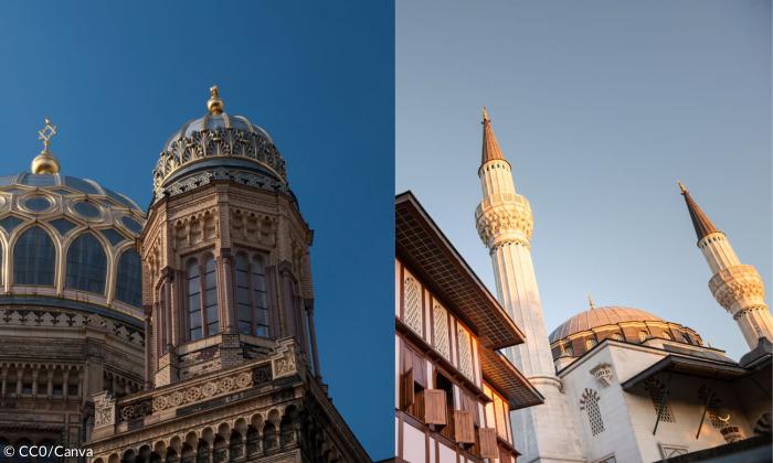 Links eine Synagoge, rechts eine Moschee