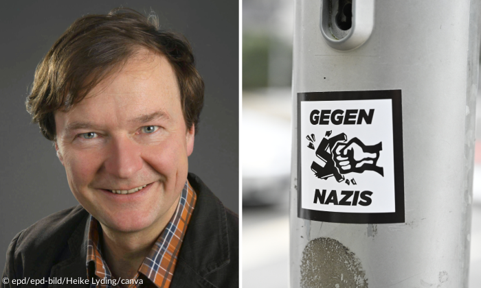 Rechtsextremismusforscher Häusler und Aufkleber gegen Nazis