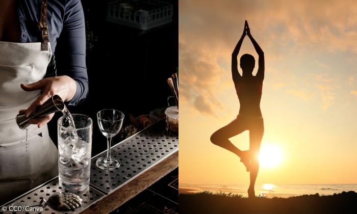 Links ein Glas mit Gin, rechts eine Person, die Yoga macht