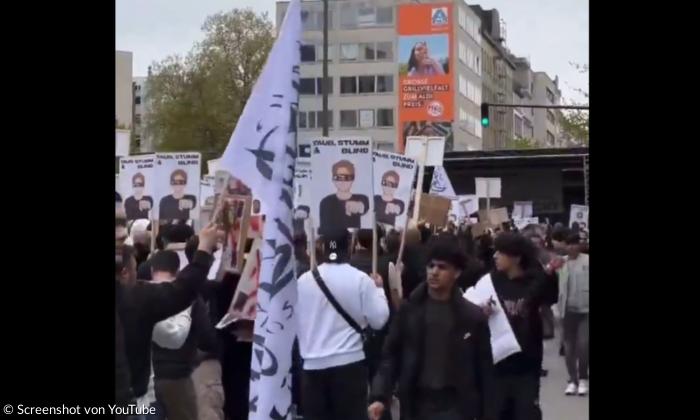 Menschen bei einer Demo mit Fahnen und Schildern