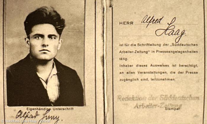 Alfred Haags Presseausweis für seine Tätigkeit bei der "Süddeutschen Arbeiter-Zeitung" (1930).