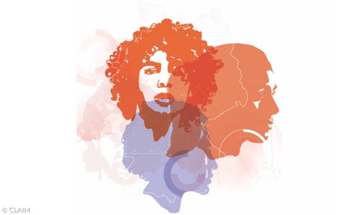 Drei ineinander übergehende Grafiken von Frauenköpfen 