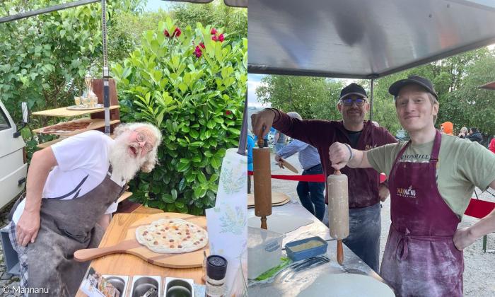 Mobiler Pizzaofen: Menschen mit Pizza und einem Nudelholz