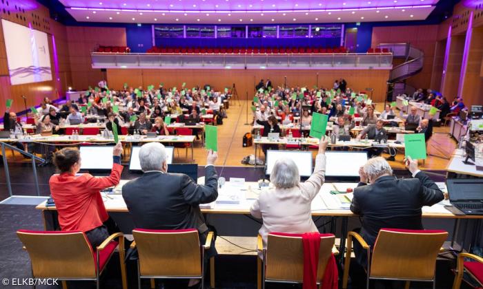 Ein Saal, in dem viele Menschen sitzen und grüne Karten hochhalten