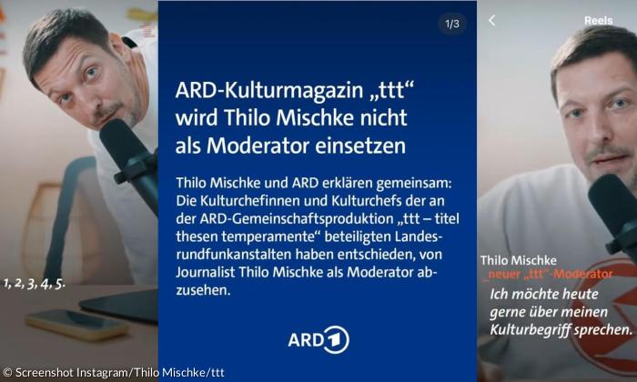 Ein Mann spricht in ein Mikrofon, daneben ein Statement in weißer Schrift auf blauem Grund