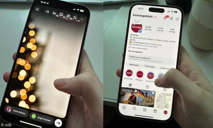 Das Bild ist in zwei Hälften geteilt und zeigt jeweils eine Hand die ein Smartphone hält. Auf der linken Seite sieht man den Entwurf einer Instagram-Story. Auf der rechten Seite sieht man ein Instagram Profil: Das Profil von sonntagsblatt.