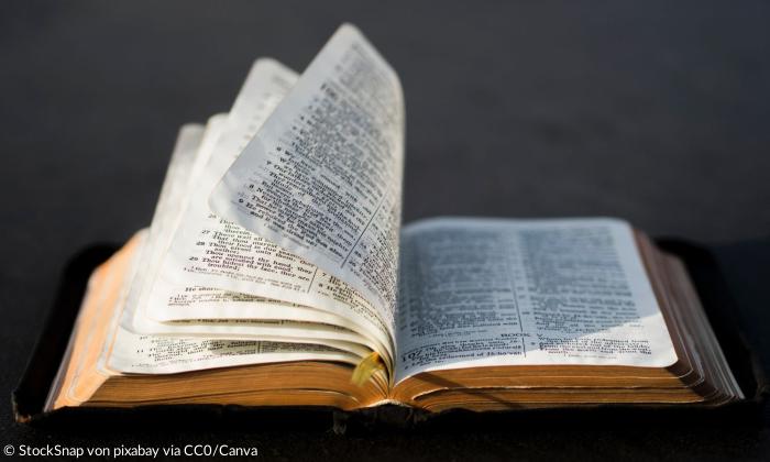 Eine aufgeschlagene Bibel mit flatternden Seiten
