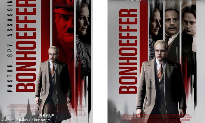 Mit Pistole – ohne Pistole: links das umstrittene US-Plakat zum "Bonhoeffer"-Film, rechts das deutsche Filmplakat.