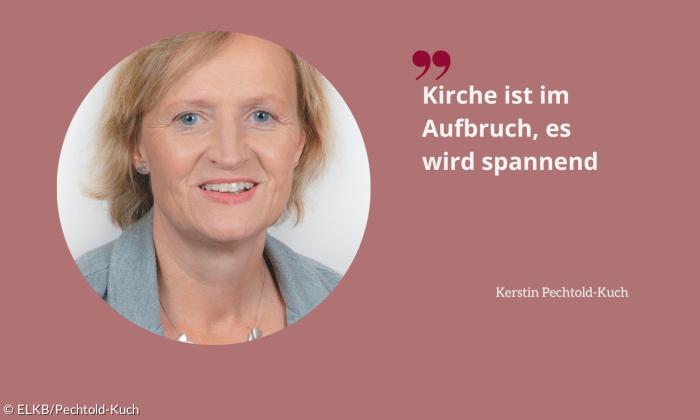 Eine Frau mit blonden Haaren lacht in die Kamera, dazu ein Zitat