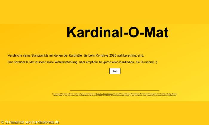 Eine gelbe Seite mit der Überschrift "Kardinal-O-Mat"