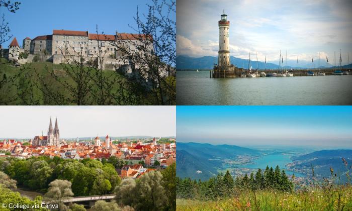 Vier Bilder: Eine Burg, ein Leuchtturm, eine Stadt, ein See
