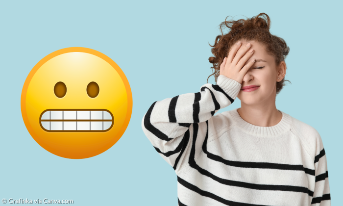 Eine Frau fasst sich peinlich berührt an die Stirn, daneben erscheint ein pikiert blickendes Emoji.