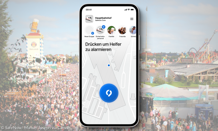 SafeNow App als Screen mit Wiesn Hintergrund