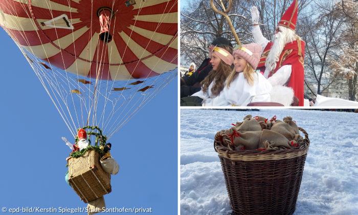 Der Nikolaus fährt auf einem Schlitten; der Nikolaus im Gas-Ballon auf dem Weg zum Christkind; der Nikolaus-Sack mit Wünschen der Kinder ans Christkind