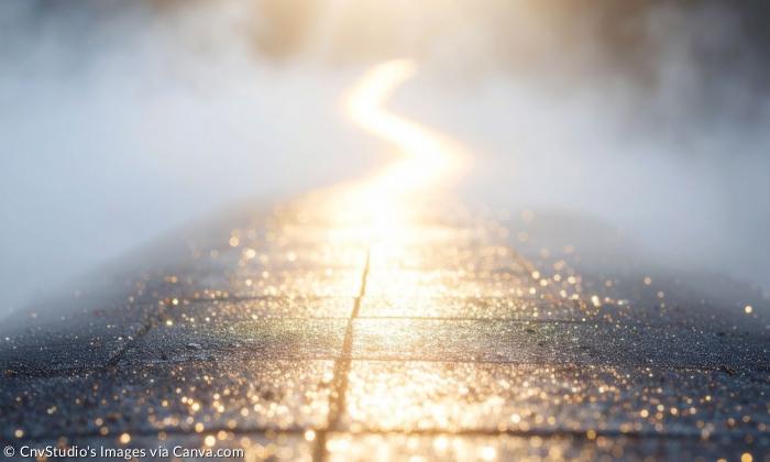 Ein schmaler Pfad glänzt im Morgenlicht, von Nebel umgeben