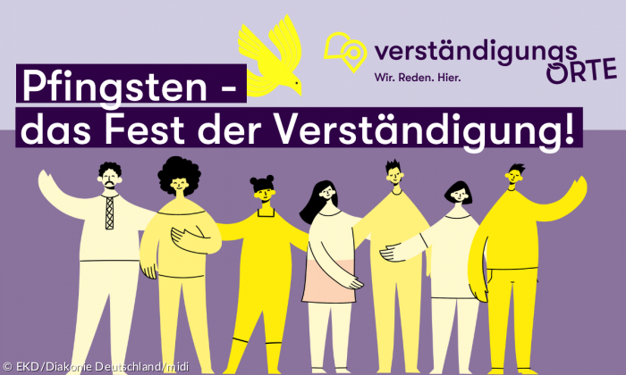 Plakat: "Pfingsten - das Fest der Verständigung" auf lila Hintergrund und mit Menschen davor
