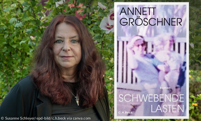 Annett Gröschner vor grüner Hecke und Cover des Romans "Schwebende Lasten"