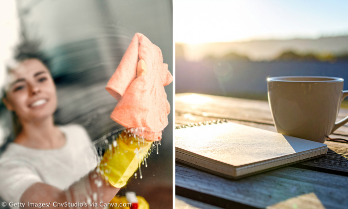 Aufgeteiltes Bild: Links putzt eine Frau ein Fenster, rechts sieht man ein Notizbuch und eine Kaffetasse auf dem Tisch