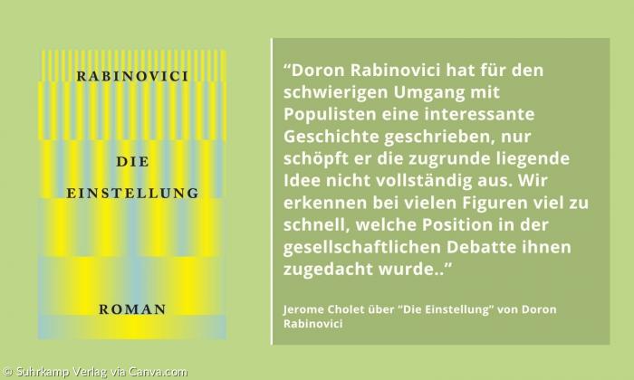 Buchcover von "Die Einstellung" plus Zitat