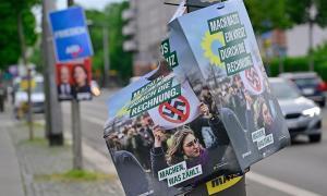 Wahlplakate der Grünen mit durchgestrichenem Hakenkreuz, dahinter Plakate von AfD und SPD