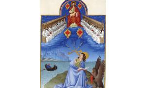 Der Evangelist mit dem Attribut des Adlers verfasst auf Patmos die Offenbarung des Johannes