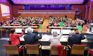 Ein Saal, in dem viele Menschen sitzen und grüne Karten hochhalten