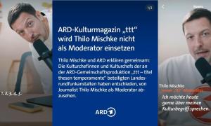 Ein Mann spricht in ein Mikrofon, daneben ein Statement in weißer Schrift auf blauem Grund