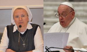 Eine Frau im Ordensgewand und der Papst in weißem Gewand