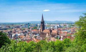 Blick auf eine Stadt mit einer großen Kirche, im Hintergrund Berge