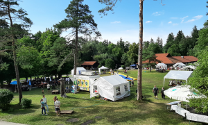 Stände und Menschen auf einer Wiese am Waldrand