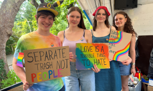Vier Jugendliche mit bunten Demo-Schildern 