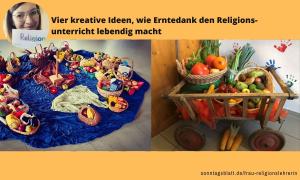 Links eine blaue Decke mit Obstkörben, rechts ein Leiterwagen mit Gemüse