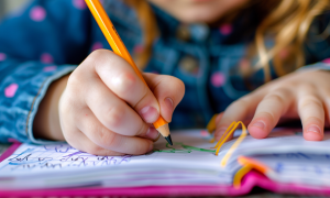 Ein Kind malt mit Bleistift in ein Schulheft