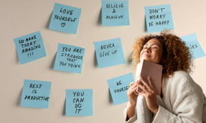 Eine Frau schreibt in ihrem Tagebuch und lächelt. Im Hintergrund sind viele Post-its mit positiven Sätzen zu sehen.