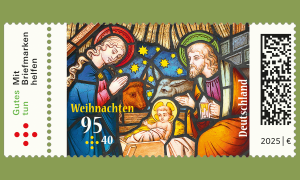 Weihnachtsbriefmarke mit Bild des Buntglasfensters einer kleinen evangelischen Kapelle in Regensburg 