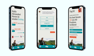 Drei Smartphoneansichten mit Eindrücken der App Freii