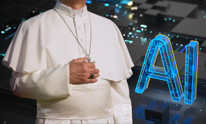 Papst ohne Gesicht und Hintergrund AI und Digitale Lichter