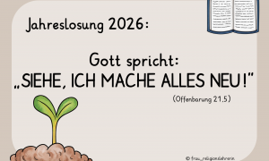 Ein Bild mit der Jahreslosung sowie einem Pflänzchen, das austreibt