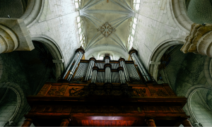 Eine Orgel mit Blick ins Kirchenschiff