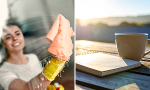 Aufgeteiltes Bild: Links putzt eine Frau ein Fenster, rechts sieht man ein Notizbuch und eine Kaffetasse auf dem Tisch